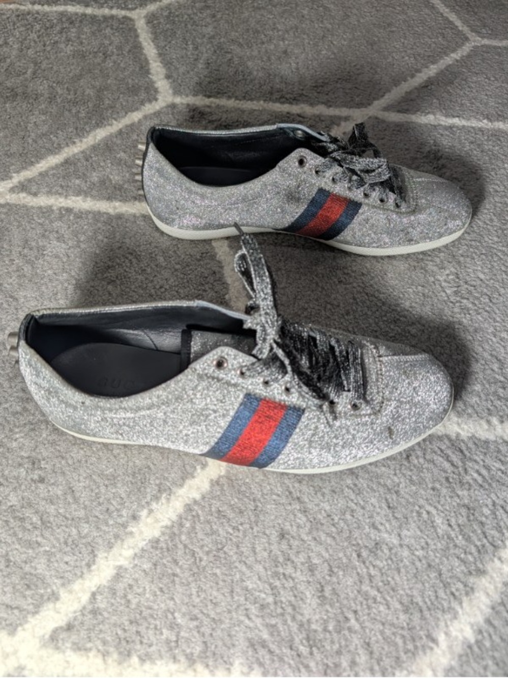 Gucci Silver Glitter Men's Sneakers with Red & Blue Web Stripe